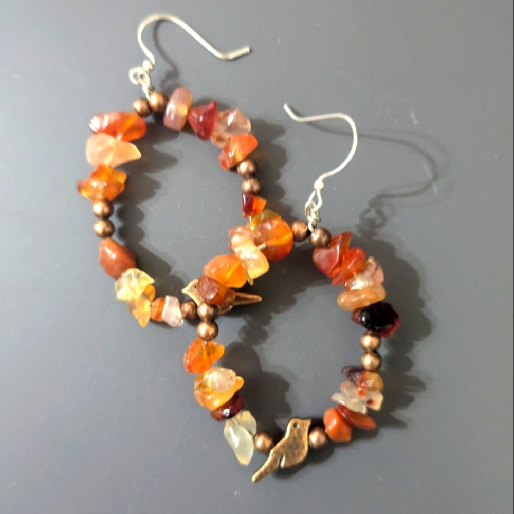 Handcrafted Beaded Hoop Earrings with Bird Charm